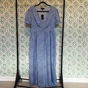 Suzanne betro blue floral milkmaid puff sleeve maxi dress.